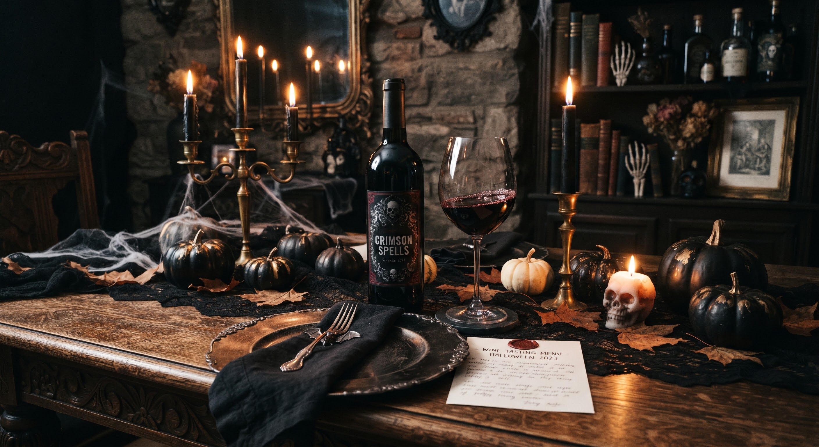 Illustrative Halloween table with dark red wine, black pumpkins, candles and cobwebs